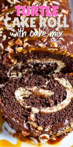 a cake roll with chocolate frosting and nuts on top