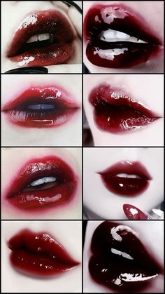 Vampire Red Lipstick, Vampire Core Makeup, Makeup For Red Lips, Goth Lip Makeup, Dark Red Makeup Looks, Vampire Inspired Makeup, Red Goth Makeup, Vampire Lipstick, Dark Red Makeup