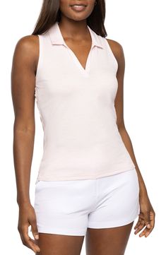 This stretchy slubbed tank features a racerback and sporty Johnny collar to make it ready for competitive action on the court or greens. 23" length (size Medium) Johnny collar V-neck Racerback 47% polyester, 45% cotton, 8% spandex Machine wash, tumble dry Imported Summer Athleisure Golf Tops, Summer Athleisure Tops For Golf, Sporty Spring Tank Top For Sports Events, Sporty Tank Top For Spring Sports Events, Spring Sporty Tank Top For Sports Events, Fitted Tank Tops For Sports Season, Fitted Athleisure Activewear For Golf, Spring Moisture-wicking Tops For Sports Events, Moisture-wicking Tops For Sports Events In Spring