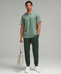 Rest And Reset. These Lightweight Joggers Have A Softly Brushed Interior That Makes Downtime Irresistible. Designed For Casual. Slim Fit Skims Glutes And Thighs, Then Tapers To Hem:intended To Sit At Ankle For 32"-34" Inseam. Hand Pockets With Hidden Phone And Coin Sleeves. Zippered Back Pocket. Waistband Drawcord Can Be Worn Inside Or Out. | Soft Jersey Jogger Regular Men’s Athletic Wear Winter, Mens Minimalist Style, Men’s Gym Fashion, Men’s Joggers, Mens Outfits Green, Mens Joggers Outfit, Lightweight Joggers, Joggers Lululemon, Jogger Outfit