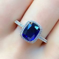 Blue Sapphire Ring Engagement Sterling Silver Cushion Sapphire | Etsy Cushion Cut Sapphire Ring, Vintage Wedding Jewelry, September Birthstone Rings, Blue Gemstone Rings, Art Deco Wedding Rings, Ring Halo, Cushion Cut Ring, Cushion Cut Engagement Ring, Blue Sapphire Ring