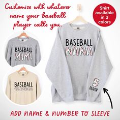 Customized this baseball grandma sweatshirt with whatever name your grandchild calls you and showcase their name and number on the left sleeve. This shirt is perfect for early spring baseball games, cool nights at the ball park or any time. ** SWEATSHIRT FEATURES ** This unisex heavy blend crewneck sweatshirt is made from polyester and cotton and is created for comfort. .: Medium-heavy fabric (8.0 oz/yd² (271.25 g/m .: Loose fit .: Runs true to size .: 50% cotton, 50% polyester .: Sewn-in label .: Without side seams ** SIZING ** Product sizing is unisex and runs true to size. Please carefully review the size chart pictured to determine your size. If you have a sweatshirt in your closet that fits you perfectly, we recommend you take measurements and compare it to the size chart. We do not a Personalized Game Day Tops With Team Spirit, Casual Personalized Tops For Baseball Season, Casual Personalized Tops For Game Day, Personalized Team Spirit Cotton Tops, Personalized Crew Neck Tops For Fan Merchandise, Personalized Crew Neck Sports Top, Personalized Cotton Tops For Team Spirit, Personalized Sporty Cotton Tops, Personalized Crew Neck Top For College