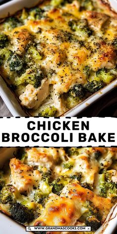 chicken broccoli bake in a white casserole dish with text overlay