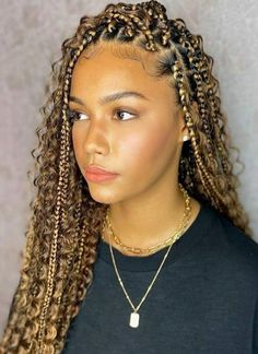 T27 Goddess Braids, Box Goddess Braids Hairstyles, Individual Braids And Sew In, Honey Brown Bohemian Box Braids, 3 Different Color Box Braids With Curls, Long Blonde Braids For Black Women, Crochet Bohemian Box Braids, Medium Large Bohemian Knotless Braids, Goddess Braids Blonde And Black