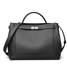 This black luxury handbag is expertly crafted with genuine leather, offering a large capacity for all your essentials. With a timeless design and high-quality materials, this handbag is both stylish and practical. Elevate your wardrobe with this elegant and functional accessory. Designed by 4COLORDRESS High-end Office Bag With Removable Pouch, High-end Handheld Office Bag, High-end Large Capacity Satchel For Daily Use, High-end Large Capacity Shoulder Bag For Everyday Use, High-end Black Bag For Daily Use, High-end Black Bags For Daily Use, High-end Everyday Satchel Briefcase, High-end Black Satchel With Removable Pouch, High-end Black Bag With Large Capacity