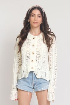 Pointelle knit cardigan Hygge Fashion, Pointelle Sweater, Pointelle Knit, Sweater Outfit, Button Front Cardigan, Boho Fall, White Cardigan, Scalloped Edges, Sweater Pattern