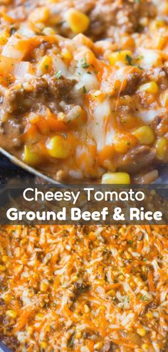 cheesy tomato ground beef and rice casserole in a skillet with text overlay