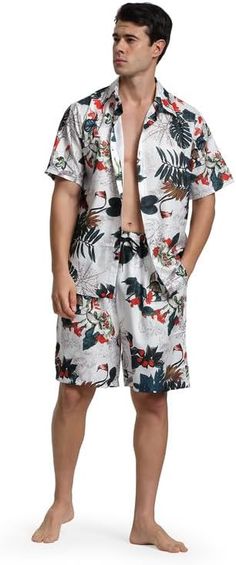 This Men's Print Shirt & Shorts Set is perfect for any tropical getaway. Featuring a vibrant Hawaiian print, this set is made from high-quality fabric for a comfortable fit. Stand out in style and stay cool in this must-have set for your next beach vacation. 100% polyester, shirt sleeve short, soft and breathable, give you the most comfortable wearing experience in all seasons especially hot days. The men print shirt outfit is a loose fit,button-down short sleeve, spread collar;he shorts have po White Tropical Summer Sets, White Tropical Sets For Summer, Tropical Short Sleeve Sets For Summer, Tropical Short Sleeve Summer Sets, Tropical Summer Sets With Short Sleeves, Casual Floral Print Beach Sets, Tropical Short Sleeve Vacation Sets, Casual Tropical Print Sets For Vacation, Relaxed Fit Floral Print Sets For Vacation