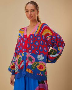 model wearing relaxed fit cardigan with colorful waves, colorful leopard print and colorful abstract fruit print Multicolor Knit V-neck Cardigan, Trendy Long Sleeve V-neck Sweater With Buttons, V-neck Cardigan With Button Closure For Loungewear, Trendy Soft Knit V-neck Sweater Coat, Trendy V-neck Sweater Coat With Soft Knit, V-neck Sweater With Button Closure For Loungewear, Trendy V-neck Soft Knit Sweater Coat, Knit V-neck Sweater With Buttons For Fall, V-neck Soft Knit Sweater Coat For Spring