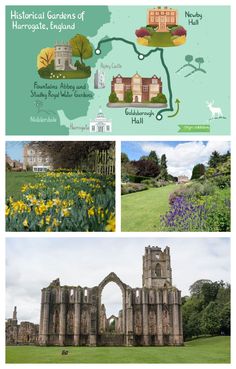 an image of the countryside with flowers and buildings in it, along with information on how to get there