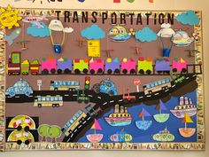 a bulletin board with cars and trains on it's sides, along with the words transportation