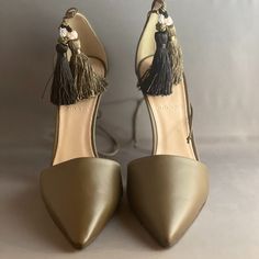 Jcrew Roxie Pumps With Ankle Tie And Tassels In Olive. These Are Make In Italy, Never Worn (Nwt). Leather Upper, Insole, And Outsole. Absolutely Gorgeous, Will Add Something Special To Any Outfit. Spring Leather Heels With Tassels, Leather Heels With Tassels, Chic Ankle Strap Heels With Tassels, Spring High Heel Shoes With Tassels, Chic High Heel Tassel Heels, Spring High Heels With Tassels, Elegant Leather Heels With Tassels, Chic Leather Heels With Tassels, Elegant High Heel Tassels Heels