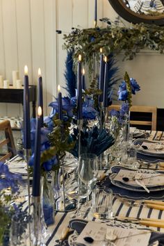 Navy Blue Table Scape | Plain Jane Events Navy Blue Dinner Party, Black And Blue Table Setting, Denim Tablescape, Oyster Name Cards, Ethereal Tablescape, Blue Table Scape, Navy Wedding Table, Baby Reception