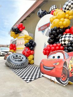 cars birthday party with balloons and decorations