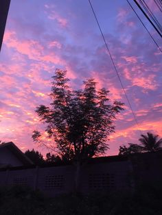 the sky is pink and purple as the sun goes down in the distance behind a tree