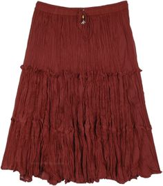 A brown skirt irradiated with solar red, and you have the unique color of this skirt. Three tiers of shirred crinkle cotton result in a skirt of casual elegance. #tlb #TieredSkirt #Solid #BrownSkirt Whimsigoth Clothes, Midi Skirt Brown, Bridesmaids Outfits, Thrift List, Hippie Goth, Maroon Skirt, Crinkle Skirt, Crinkle Cotton, Cotton Midi Skirt