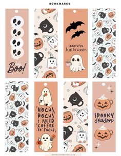 halloween bookmarks with ghost, pumpkins and bats