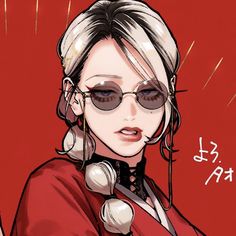 a drawing of a woman with glasses and headphones on her ears, in front of a red background