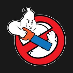 a cartoon character holding a large knife in front of a no ghost sign on a black background