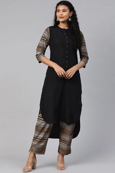 Crepe Solid Kurta with Pant Set in Black — Karmaplace Black Straight Kurta For Diwali, Black Straight Kurta Sets For Eid, Black Kurta For Workwear And Eid, Black Long Sleeve Kurta For Diwali, Eid Festival Black Straight Kurta Set, Eid Special Black Straight Kurta Set, Festive Black Straight Kurta Salwar Kameez, Black Palazzo Set With Straight Kurta, Black Palazzo Set With Straight Kurta For Festivals