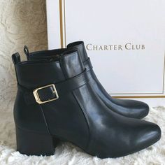 Charter Club Katiaa Buckled Booties 7.5 Heel Height: 2" Toe Shape: Pointed Formal Round Toe Booties With Buckle Closure, Formal Booties With Buckle Closure And Round Toe, Black Suede Dress, Buckle Booties, Sock Booties, Club Shoes, Womens Rain Boots, Tall Riding Boots, Brown Booties