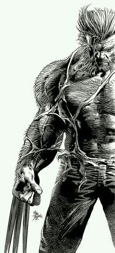 an ink drawing of wolverine in black and white with the claws extended to his chest