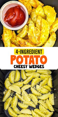 four different pictures with the words 4 ingredient potato cheesy wedges on them