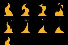 the silhouettes of different shapes and sizes on a black background, including an orange flame