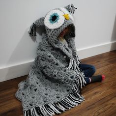 Bulky & Quick Hooded Owl Blanket Crochet pattern by MJsOffTheHook Crochet Owl Blanket, Bernat Softee Chunky Yarn, Owl Blanket, Crochet Hood, Crochet Owls, Hood Pattern, Owl Crochet Patterns, Crochet Owl, Christmas Knitting Patterns