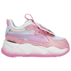 Let the fun begin! Bring waves of laughter and love to your little girls with the PUMA RS X LOL Surprise. Constructed in collaboration with L.O.L. Surprise, these shoes get a whimsical makeover with bold colors and authentic graphics that are sure to put smiles on your toddlers' faces. Doll up your little girls for a whirlwind of giggles and adventures with the PUMA RS X LOL Surprise. PUMA RS X LOL Surprise features: 71% leather-cow/29% synthetic upper offers durability and comfort. Rubber midso Jojo Siwa Shoes, Puma Rsx Toys, Puma Cool Cat Slides, Lol Surprise Omg Fashion Dolls, Puma Rs-x, Puma Rs, Casual Running Shoes, Let The Fun Begin, Silver Shoes