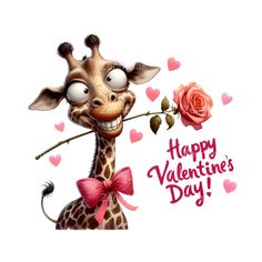 a cartoon giraffe holding a rose with the words happy valentine's day