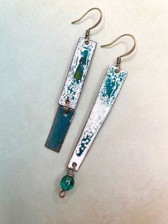 Entirely handcrafted in my Wisconsin home studio. White, turquoise- blue and gem-green enamels blend together in my handcrafted charms. I love creating earrings that are unique and eclectic. Have fun with these! I feel they are lightweight and comfortable. This listing is for one pair of earrings. Funky Earrings, Artisan Earrings, Green Ombre, Bleu Turquoise, White Turquoise, Enamel Earrings, Enamel Charms, Green Enamel, Stunning Earrings