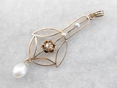 Old Mine Cut Diamond and Pearl Lavalier Pendant