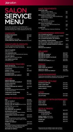 the salon menu is shown in black and red