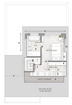 the floor plan for an apartment with two beds and one living room, which is divided by