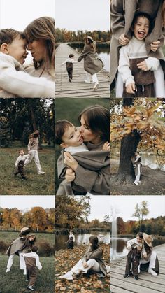 a collage of photos with two people and one child in the foreground, while another woman holds her son's head