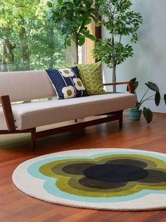 a living room with a couch, rug and potted plant on the wooden floor