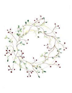 a watercolor drawing of a wreath with red berries and green leaves on white paper