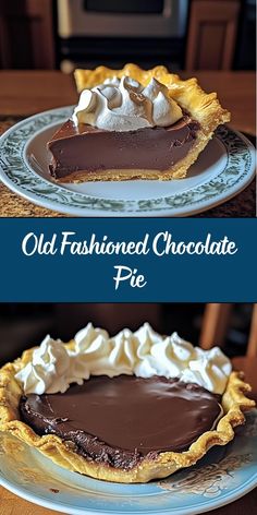 an old fashioned chocolate pie with whipped cream on top is shown in two separate images