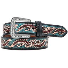 turquoise belt with tan and red feather pattern Rodeo Buckles, Hip Huggers, Belt Collection, Ladies Belt, Measure Waist, Tooled Leather Belts, Western Store, Black Turquoise, Western Hats