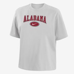 Made with soft cotton, this roomy Alabama tee gives you a relaxed look without feeling too oversized and lets your cheer on your school in comfort. White Nike T-shirt For Game Day, Casual Cropped T-shirt With Letter Print For College, College Style Crew Neck T-shirt For College Events, White T-shirt For College, White College T-shirt, White Sporty Cropped T-shirt With Text, Sporty White Cropped T-shirt With Text Print, Sporty Short Sleeve Tops For Campus, Casual White T-shirt For College