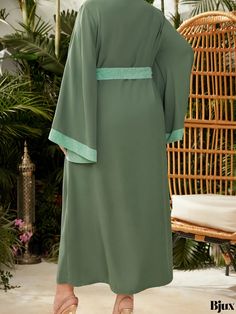 Bjux - Introducing our latest addition to the womens plus size fashion line: A Casual and Fashionable Abaya Robe. Featuring a Contrast Trim and Long Sleeves, this Open Front Loose Belted Kaftan Robe is a must-have for the fashion-forward woman looking for comfortable yet stylish attire. Long Abaya For Eid, Green Dabka Abaya For Eid, Green Maxi-length Abaya For Eid, Green Maxi Length Abaya For Eid, Eid Green Maxi-length Abaya, Green Abaya For Eid, Womens Plus Size Fashion, Woman Looking, Fashion Line