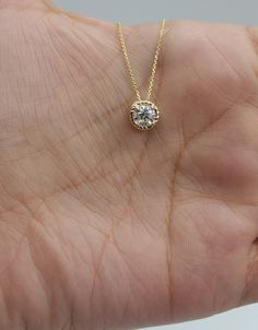 "This is a beautiful Lab Grown diamond design pendant.  It is set in real solid 14Kt Gold and the chain is 14Kt Gold as well.  You can choose if you want 14Kt White Gold, 14Kt Yellow Gold or 14Kt Rose Gold.  We have a lot of beautiful jewelry with natural diamonds. If any listing states \"diamond\" then it is a natural diamond. If the listing states \"Lab Grown\" it is a Lab Grown diamond. This is the perfect gift for mom, wife, fiancee, girlfriend, valentine, daughter, family or friend. It is a special gift for mother's day, valentine's day, wedding, anniversary, birthday, Christmas, Easter, New Year's and any holiday. Pendant Size: 7.20mm Height: 4.85mm Diamond Size: 5mm Clarity: VS-SI Color: FG Weight: 0.75 Grams Comes with 18 inch chain (If you need a longer or shorter chain contact me Anniversary Yellow Gold Solitaire Necklace Vvs Clarity, Anniversary Vvs Clarity Yellow Gold Solitaire Necklace, 14k Gold Brilliant Cut Solitaire Necklace For Anniversary, 14k Yellow Gold Solitaire Necklace For Anniversary, Yellow Gold Diamond Solitaire Necklace For Anniversary, Yellow Gold Moissanite Solitaire Necklace For Anniversary, Anniversary Yellow Gold Moissanite Solitaire Necklace, 14k Gold Solitaire Necklace With Diamond Cut, 14k Gold Solitaire Necklace With Vvs Clarity For Anniversary