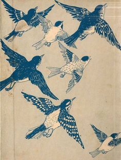 an old book with blue and white birds flying in the sky on it's cover