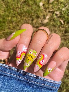 Nail Design Glitter, Retro Nails, Hippie Nails, Colorful Nails, Her Nails, Retro Summer, Dream Nails, Fire Nails, Funky Nails