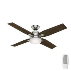 a ceiling fan with two lights and a light on the wall next to each other