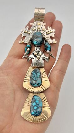 Esther Wood Navajo Sterling & 14k Gold Lander Blue Turquoise Kachina Pendant 6" | eBay Unique Blue Multi-stone Turquoise Necklace, Unique Blue Turquoise Multi-stone Necklace, Unique Blue Turquoise Inlay Necklace, Collectible Turquoise Necklace With Natural Stones, Tree Jewelry, Native American Necklace, Jewelry Tree, Western Jewelry, Native American Art