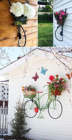 several pictures of flowers and a bicycle hanging on the side of a white house with wooden siding