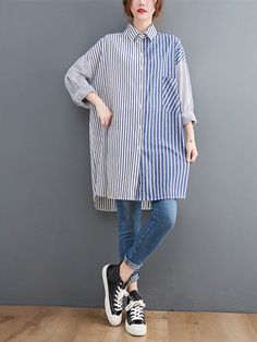 Sku CY-!90195 Material >70%Cotton Style Loose , Long Sleeves Feature Buttoned , Striped , Split-side , Split-joint Neckline Lapel Collar Occasion Going out , Casual , Artistic Retro Seasons Autumn Type Blouses&shirts Tops Color STRIPE Size L,XL,2XL,3XL Please consult the size chart we provide for this item's measurements to help you decide which size to buy.Please note: There may be 1-3cm differ due to manual measurement.CMINCH Bust Shoulder Sleeve Hemline Top Length L 126 61 49 127 82.5-87.5 XL Shirt Dress Fall, Long Fall Dresses, Cotton Long Dress, Long Sleeve Knit Dress, Spring Fabric, Cotton Shirts, Spring Shirts, Pan Collar, Peter Pan Collar