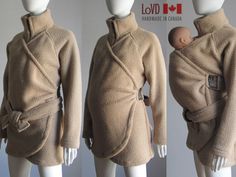 three images of mannequins dressed in coats